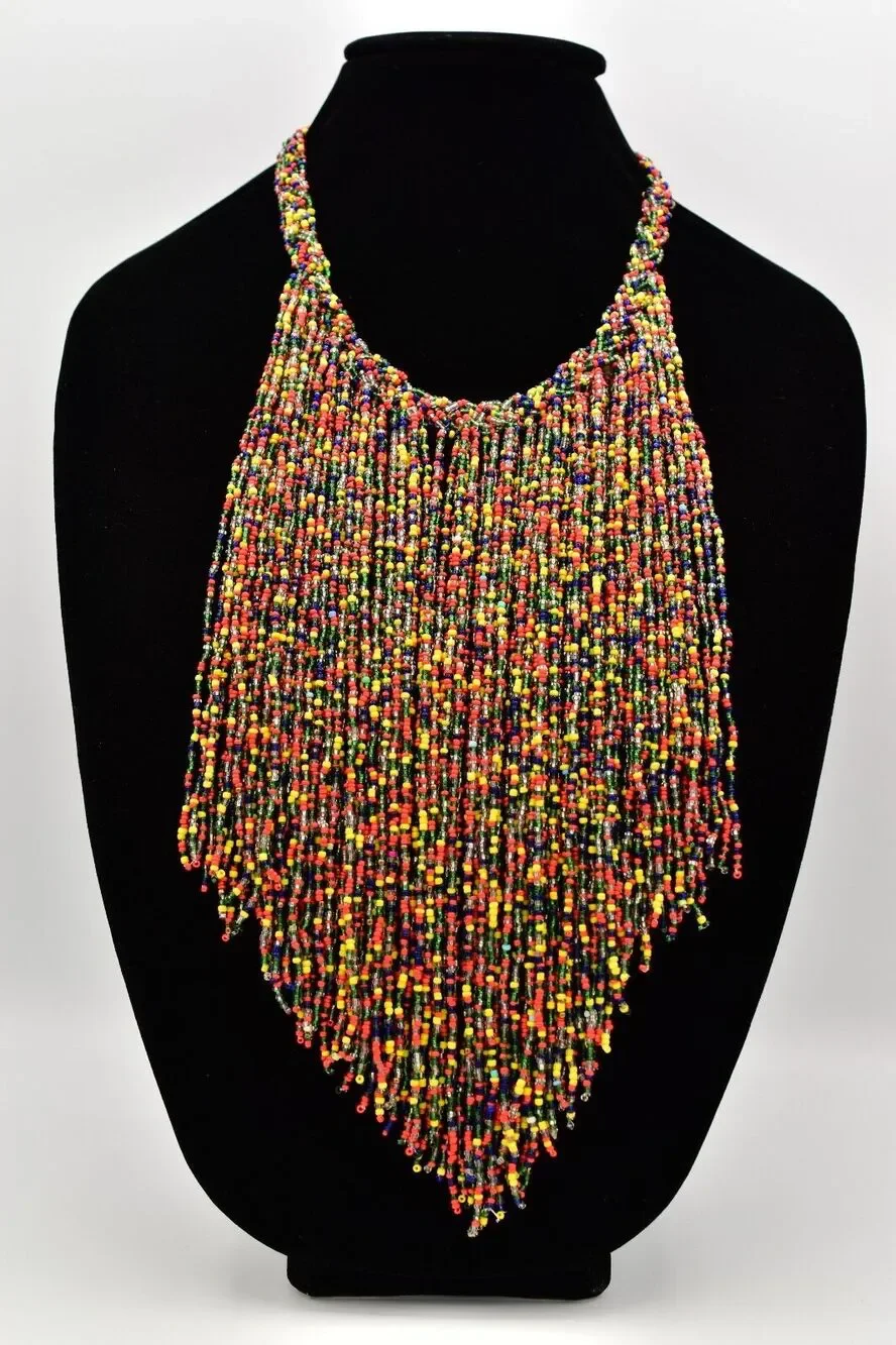 Vintage Rainbow Beaded Bib Statement Necklace Fringe Collar Colorful 70s BinA17